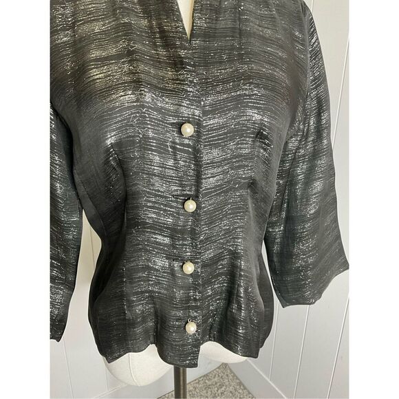 Eileen Fisher Women's S Black Grey 100% Silk Ripple 3/4 Sleeve Pearl Button Top - Picture 3 of 11